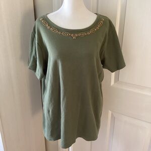 Company One Olive Short Sleeve Top with Embellishments Sz 2X